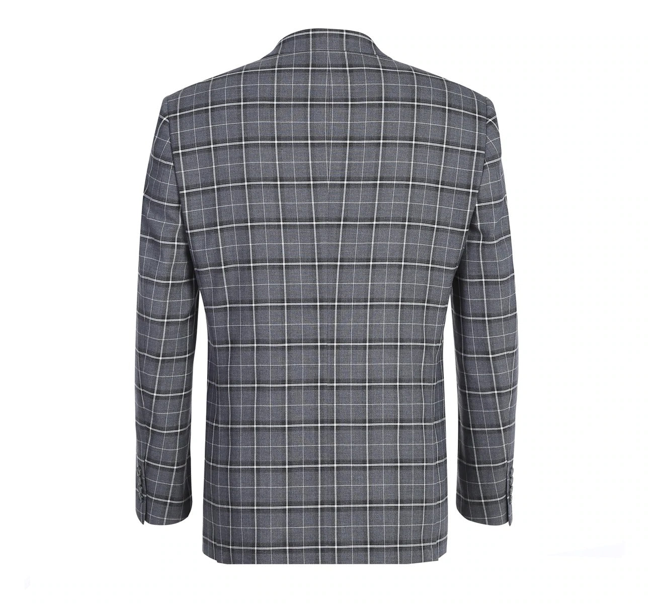 The Alessandro Vitello by Renoir Grey Classic Fit Single Breasted Check Suit 293-14 features a sophisticated gray plaid blazer with a sleek notch lapel, two-button closure, and two front pockets, set against a plain white background.