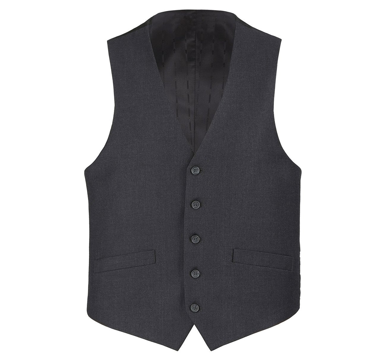 A person wearing the Alessandro Vitello by Renoir Charcoal Button Formal Suit Vest Regular Fit Waistcoat over a blue striped shirt with a patterned tie, hands in pockets, exudes a classic fit in formal wear.