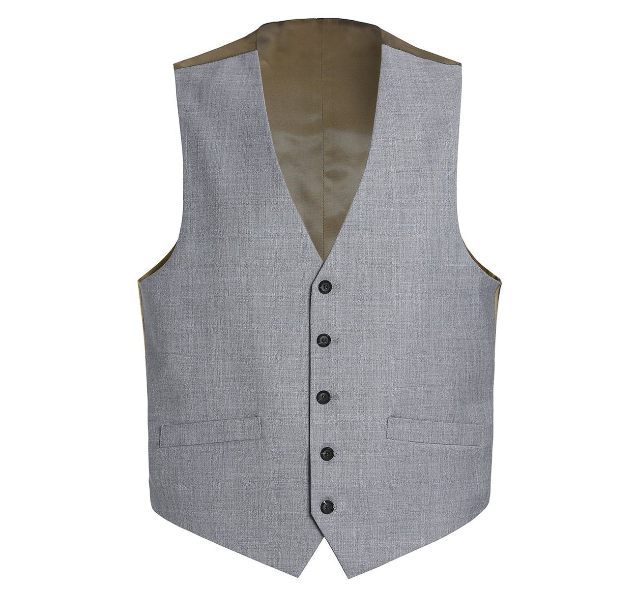 A man wearing the Alessandro Vitello by Renoir Light Grey Wool Suit Vest, a regular fit dress waistcoat over a striped shirt, paired with a patterned tie and hands in pockets.