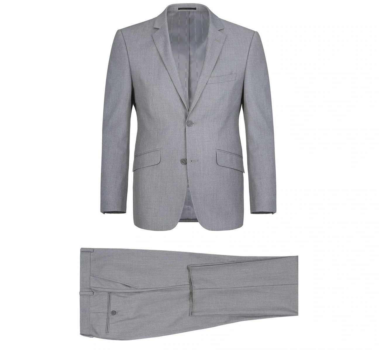 A slim fit men's gray two-piece suit from the Renoir brand, featuring a single-breasted blazer with two buttons and matching trousers, known as the Alessandro Vitello by Renoir 2-Piece Suit 202-2.