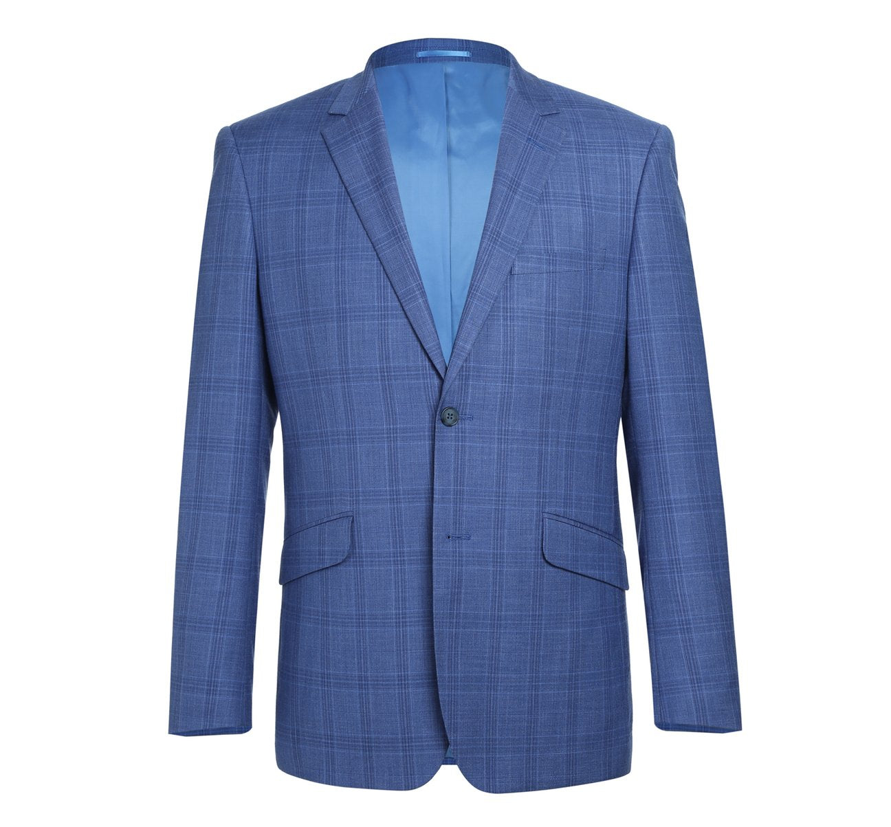 Displayed on a mannequin is the Alessandro Vitello by Renoir Blue 2-Piece Slim Fit Windowpane Check Dress Stretch Suit, model 293-10, complemented by a white dress shirt and a blue striped tie. Ideal for special occasions, this outfit seamlessly blends style and elegance.