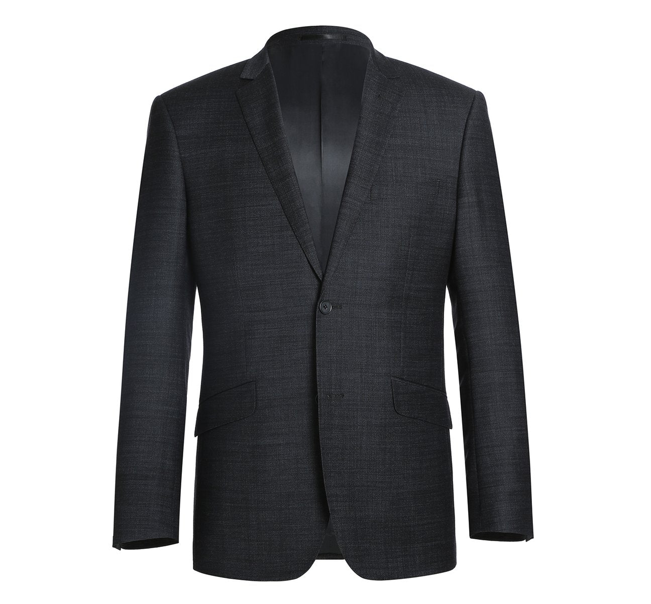 The Alessandro Vitello by Renoir Charcoal Two Piece Slim Fit Wool Blend Suit 558-2, a stylish offering from the brand Renoir, showcases a single-breasted blazer and matching trousers. This suit, crafted from a luxurious wool blend fabric in a sleek slim fit style, is elegantly displayed on a white background.