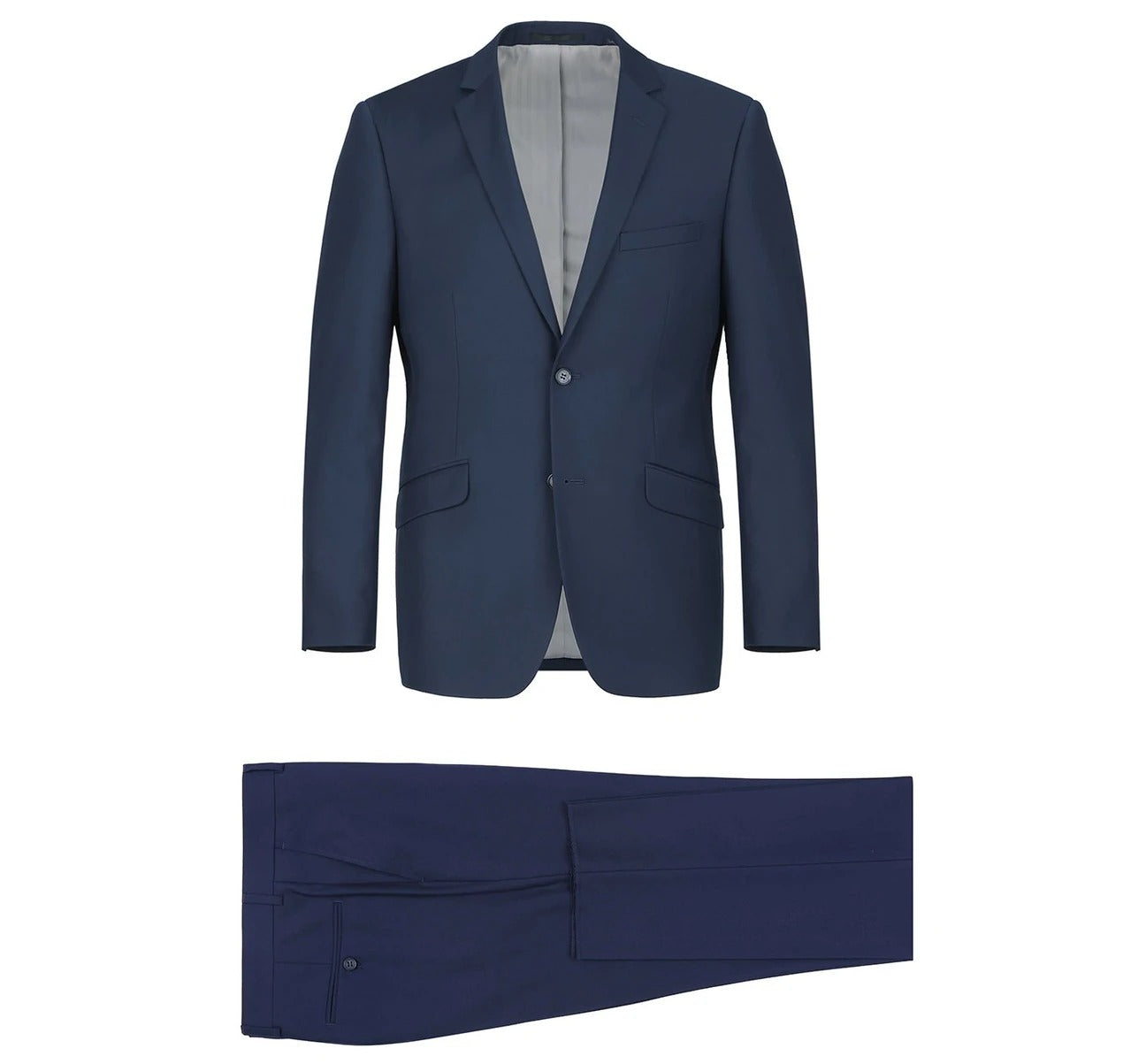 The Alessandro Vitello by Renoir Navy Blue 2-Piece Slim Fit Single Breasted Notch Lapel Suit 201-19 is a men's suit featuring a tailored jacket and matching trousers, presented on a white background.