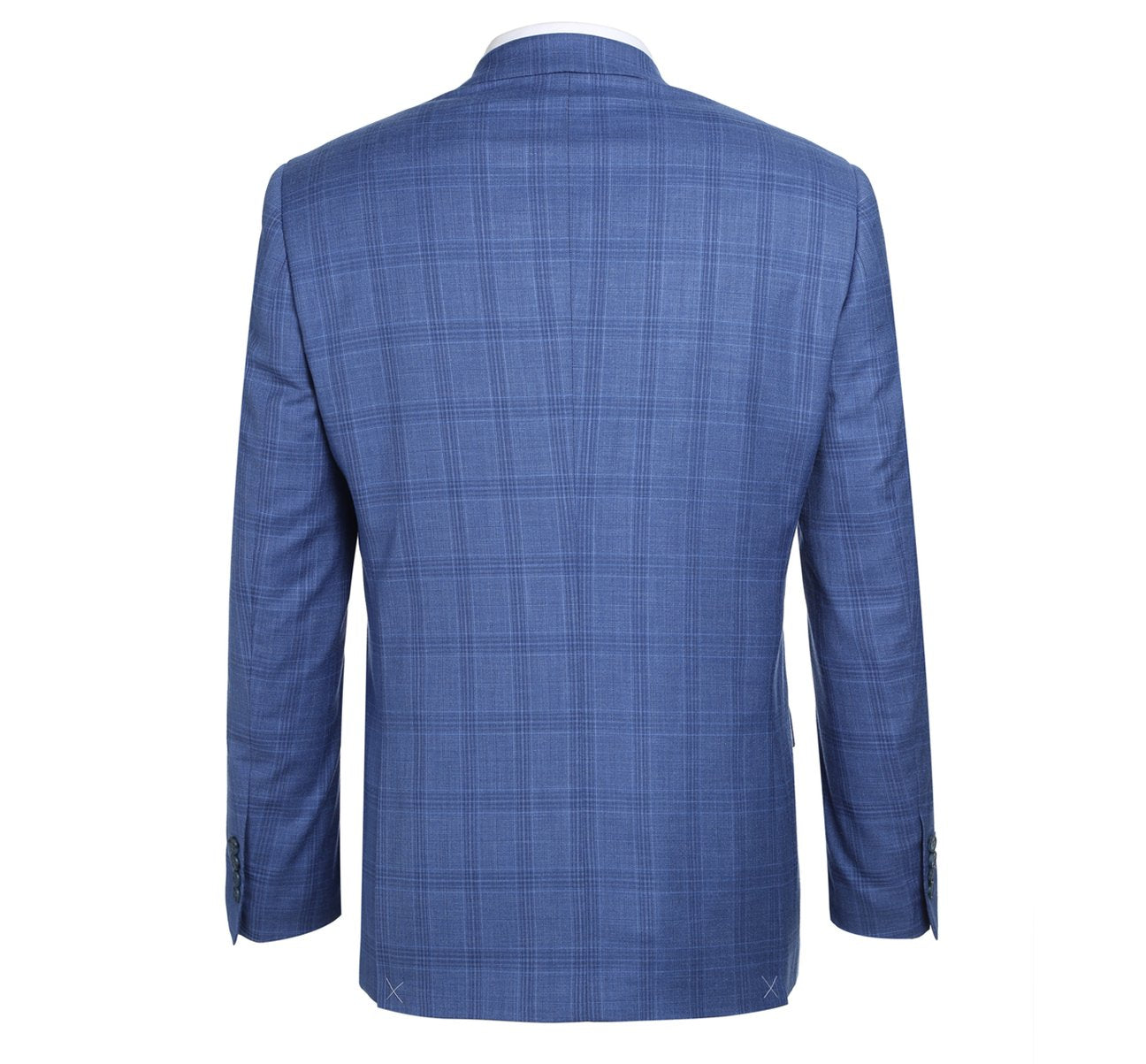 Displayed on a mannequin is the Alessandro Vitello by Renoir Blue 2-Piece Slim Fit Windowpane Check Dress Stretch Suit, model 293-10, complemented by a white dress shirt and a blue striped tie. Ideal for special occasions, this outfit seamlessly blends style and elegance.