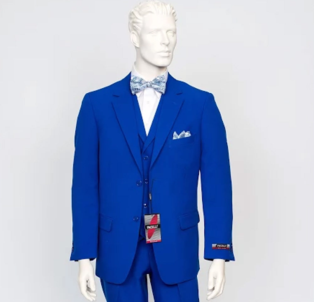 A mannequin dressed in a Pacelli 3pc Royal Blue Suit CAMERON-10011 showcases a high-fashion men's jacket crafted from durable fabric.