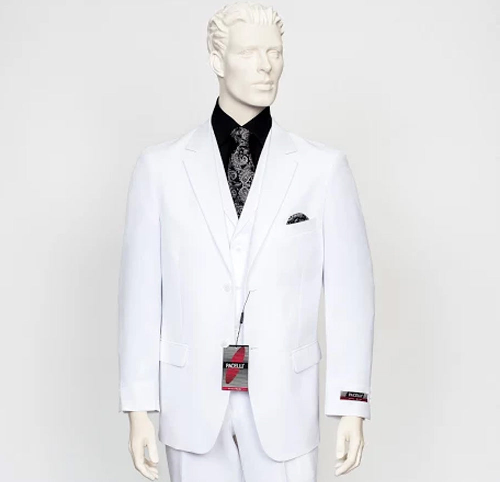 Mannequin dressed in the Pacelli 3pc White Suit CAMERON-10015, styled in Italy, paired with a black shirt and patterned tie, exuding high fashion elegance.