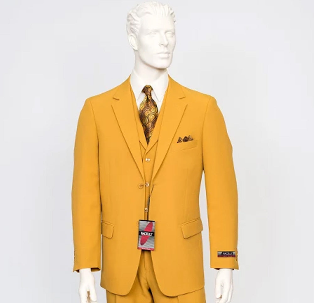 A mannequin displays the Pacelli 3pc Mustard Suit CAMERON-10027, designed with Italian flair. It is paired with a patterned tie and pocket square, set against a simple background. Tags adorn the suit, highlighting its sophisticated fashion essence.