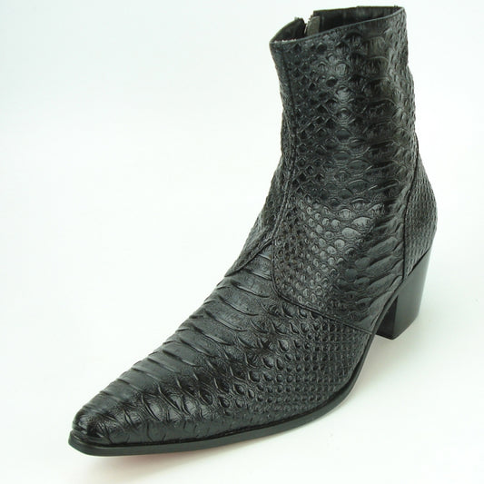 The FI-7240 Black Boot by Fiesso, part of the Aurelio Garcia collection, is a stylish black cowboy boot with a pointed toe and a textured reptile-pattern finish. It features a premium leather upper and includes a cushioned insole for added comfort.