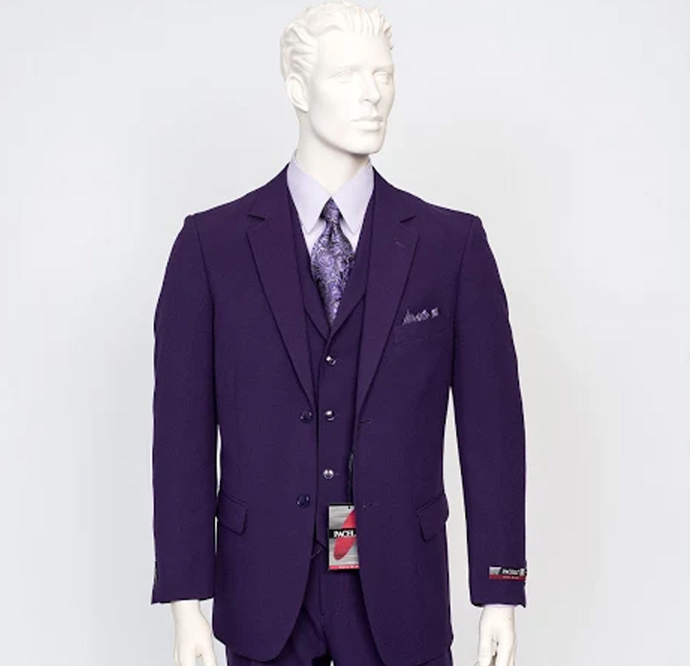 A mannequin showcases the Pacelli 3pc Purple Suit CAMERON-10049, featuring a matching tie and light purple shirt, epitomizing Italian-styled high fashion.