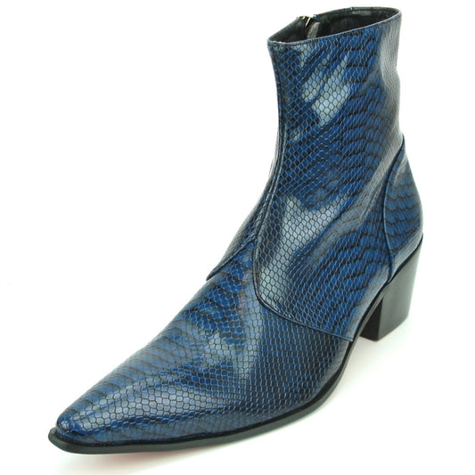 Presenting the FI-7240 Blue Boot by Fiesso, crafted by Aurelio Garcia. This chic fashion boot showcases a striking blue snake-print leather upper, complemented by an ankle-height design. It features a pointed toe and medium block heel, along with a cushioned insole for enhanced comfort.