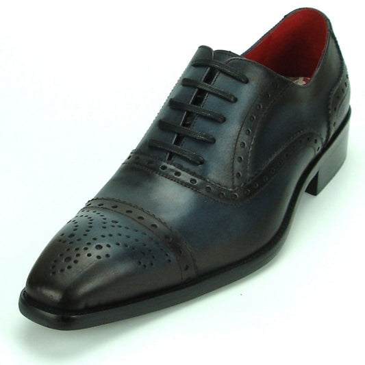 The FI-8713 Black Lace up Fiesso by Aurelio Garcia, a leather oxford shoe adorned with decorative perforations, showcases a cushioned insole and red inner lining, complemented by black laces, and is displayed against a white background.