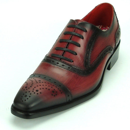 The FI-8713 Burgundy Lace up by Fiesso is a polished fashion shoe crafted from burgundy and black leather, showcasing detailed perforations and a low heel. It features a cushioned insole for added comfort, all set against a white background.