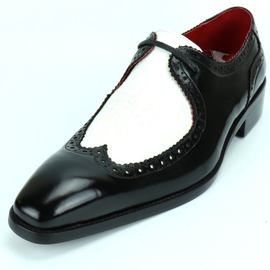 Introducing the FI-8704 Black White Encore by Fiesso, a sleek leather dress shoe from the renowned brand Fiesso. It showcases decorative perforations, a striking red interior lining, and a luxurious leather upper for both style and comfort.