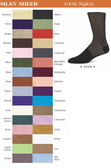 Explore the color chart of the ORIGINS Knee High Sheer Dress Socks 101S, silky nylon socks available in a range of colors including Banana, Navy, and Sage. These are expertly crafted for USA sock sizes 7-15, with a vivid sample showcased on the right.