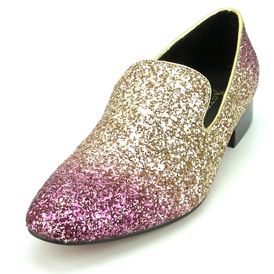 Fiesso's FI-7156 Gold Slip-On by Aurelio Garcia is a shimmering loafer featuring a glitter upper in pink and gold, complemented by a sleek black sole.