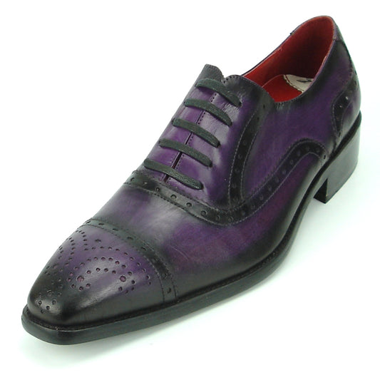 The FI-8713 Purple Lace-Up shoe by Fiesso showcases a leather upper in purple and black, adorned with brogue detailing, a vibrant red interior, and includes a cushioned insole for ultimate comfort.