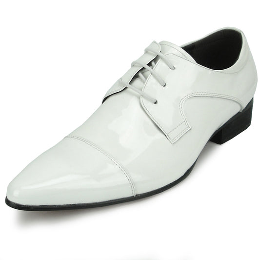 The FI-7286 White Patent Lace Up Encore by Fiesso is a sleek white dress shoe featuring a leather upper, laces, and a low black heel, complete with a cushioned insole for enhanced comfort.