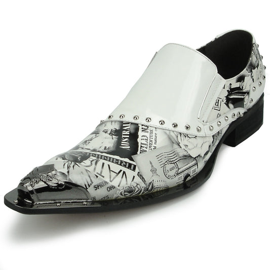 The FI-6864 White Fiesso by Aurelio Garcia shoe from the Fiesso brand boasts a stylish black and white slip-on design, adorned with newspaper print and metal studs. It is finished with a glossy sheen and crafted with a luxurious leather upper.