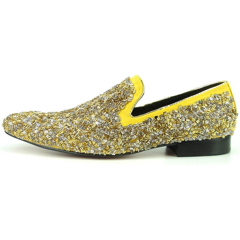 The FI-7258 Gold Fiesso by Aurelio Garcia loafer boasts a suede upper accented with yellow trim and a dazzling gold and silver textured design, making it the ultimate fashion shoe.