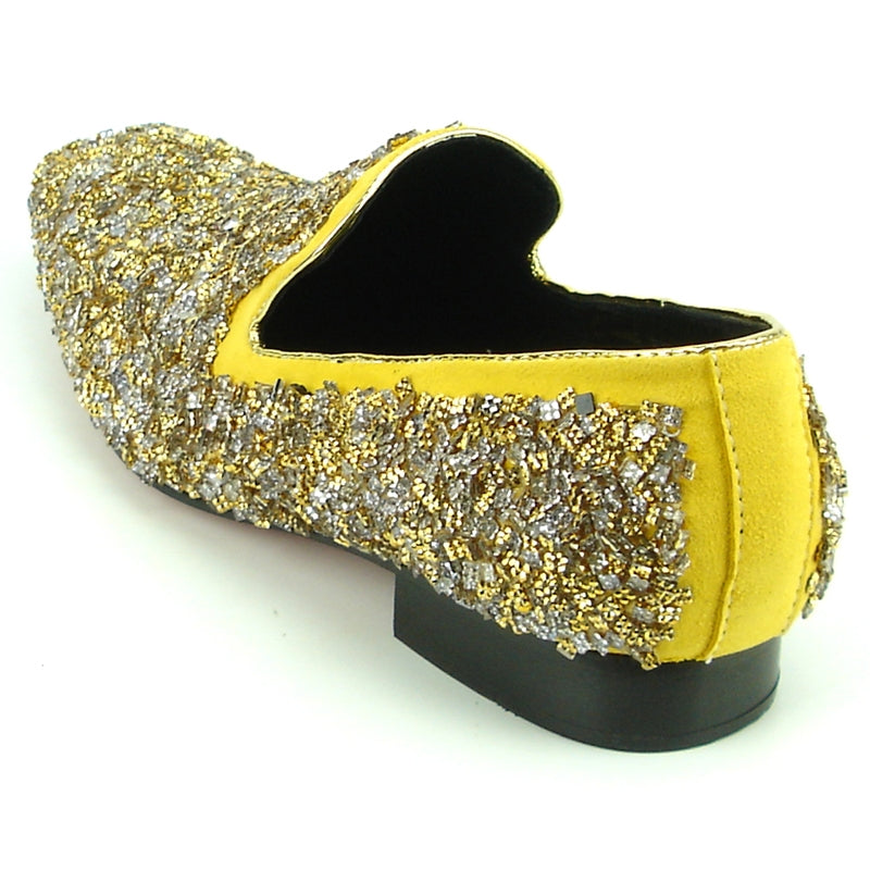 The FI-7258 Gold Fiesso by Aurelio Garcia loafer boasts a suede upper accented with yellow trim and a dazzling gold and silver textured design, making it the ultimate fashion shoe.