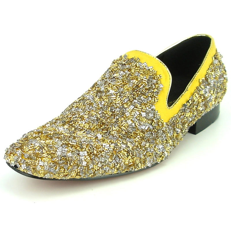 The FI-7258 Gold Fiesso by Aurelio Garcia loafer boasts a suede upper accented with yellow trim and a dazzling gold and silver textured design, making it the ultimate fashion shoe.