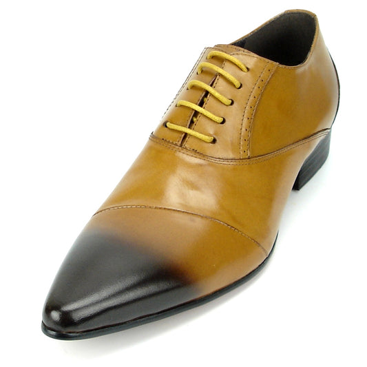 The FI-7281 Tan Lace Up Encore by Fiesso is a brown leather shoe with a black toe cap, yellow laces, and a cushioned insole for enhanced comfort.