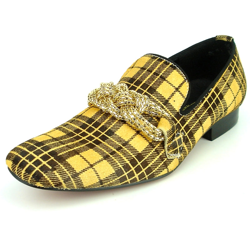 The FI-7291 Black Yellow Pony Hair Fiesso by Aurelio Garcia from the Fiesso brand features a fashionable loafer design with a decorative gold chain across the top, accentuated by its striking yellow and brown plaid pattern.