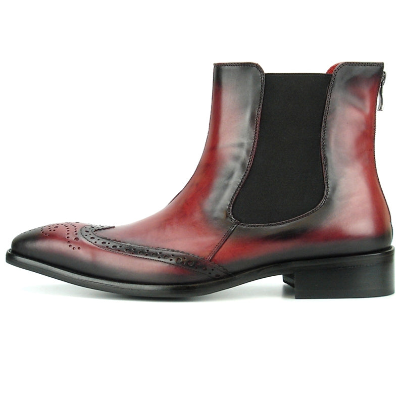 The FI-8708 Burgundy Wing Tip Boot Encore by Fiesso showcases a classic style with its decorative stitching, elastic side panels, and wing tip design.