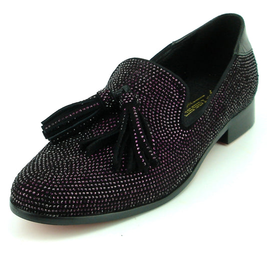 Introducing the FI-7285-2 Black Purple fashion slip-on shoe from Fiesso by Aurelio Garcia, featuring a black suede upper embellished with striking purple rhinestones and elegant black tassels on the front.