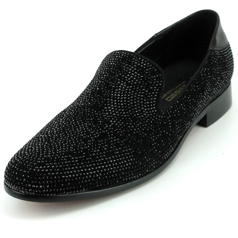 Introducing the FI-7285-A Black Fiesso by Aurelio Garcia, a chic fashion shoe from the renowned brand Fiesso. This elegant slip-on boasts a suede upper embellished with small, dazzling rhinestones and is thoughtfully designed with a low heel for effortless style.