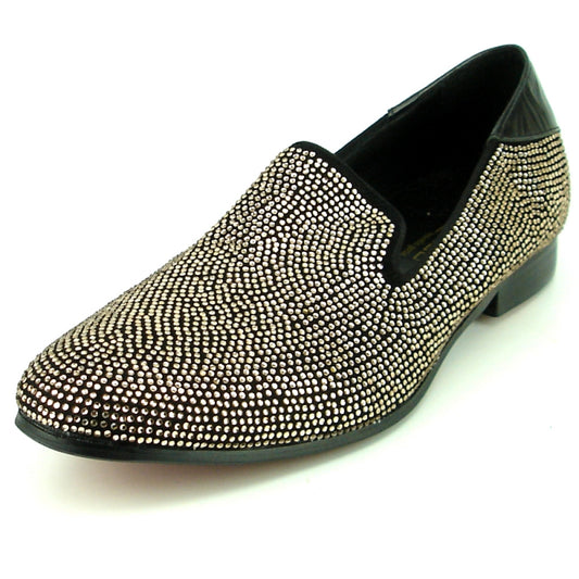 The FI-7285-A Black Gold Fiesso by Aurelio Garcia loafer, by the brand Fiesso, features a stylish black design adorned with an elegant display of gold rhinestones.