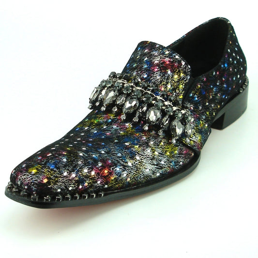 The FI-7287-2 Black Multi fashion shoe by Fiesso effortlessly combines style and practicality, boasting a multicolored design with a textured surface adorned with clusters of gray stones across the upper. Crafted by Aurelio Garcia, it features a cushioned insole for ultimate comfort.