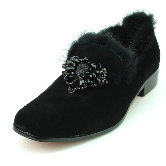 Introducing the FI-7306 Black Suede by Fiesso, crafted by Aurelio Garcia, featuring a luxurious suede upper accentuated with fur trim and elegant black beading. Ideal for making a bold fashion statement.