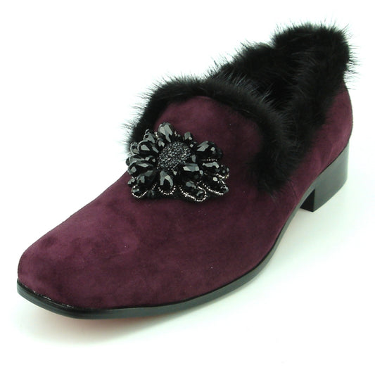 The FI-7306 Burgundy Suede Fiesso by Aurelio Garcia loafer, available in sizes 8 and 12, features a stylish black fur trim with a decorative black beaded flower embellishment on the suede upper, making it a standout fashion shoe.