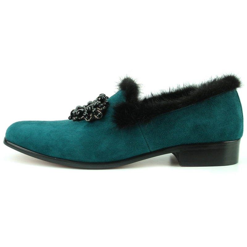 The FI-7306 Green Suede shoe by Fiesso showcases a luxurious black fur trim and a decorative black beaded floral design, making it the perfect fashion shoe for any stylish occasion.