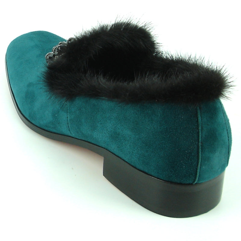 The FI-7306 Green Suede shoe by Fiesso showcases a luxurious black fur trim and a decorative black beaded floral design, making it the perfect fashion shoe for any stylish occasion.