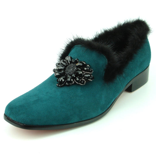 The FI-7306 Green Suede shoe by Fiesso showcases a luxurious black fur trim and a decorative black beaded floral design, making it the perfect fashion shoe for any stylish occasion.