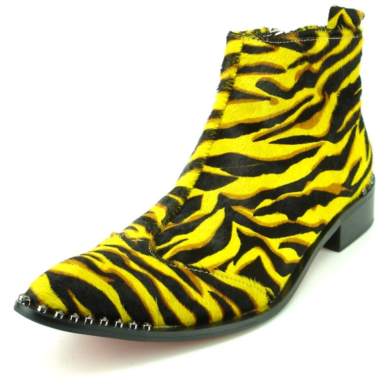 The FI-7315 Yellow Black Leopard Boot by Fiesso features a tiger-striped design in yellow and black, complemented by a pointed toe, studded sole, and cushioned insole for enhanced comfort.