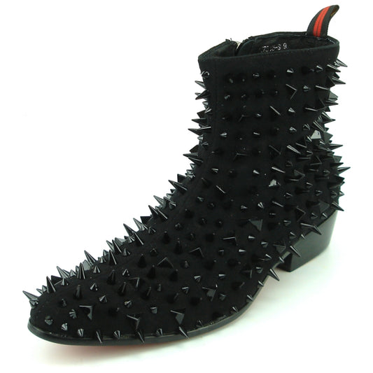 Fiesso's FI-7316-S Black Suede Boot, adorned with numerous sharp black spikes enveloping the entire surface.