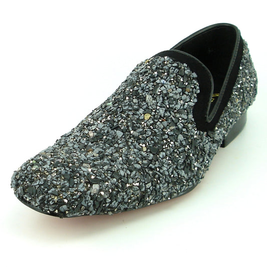 The FI-7317 Black shoe by Fiesso is a black slip-on design from Aurelio Garcia, adorned with textured, chunky silver glitter.