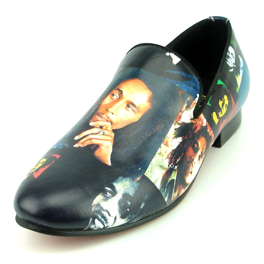 The FI-7336-B Bob Print Leather Fiesso by Aurelio Garcia, brought to you by Fiesso, showcases a vibrant collage of a man's face and hands set against a black backdrop. It features a cushioned insole and leather upper for enhanced comfort and style.