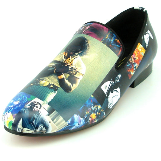 The FI-7336-D Davis Print Leather slip-on shoe by Fiesso features a black leather upper embellished with a vivid collage of colorful images, displaying an assortment of portraits and abstract designs, making it a true fashion statement.