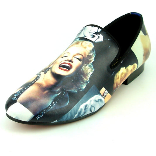 The FI-7336-M Marilyn Print Leather Fiesso shoe by Aurelio Garcia features a sophisticated collage of black-and-white photos of a smiling woman, accentuated by its sleek leather upper.