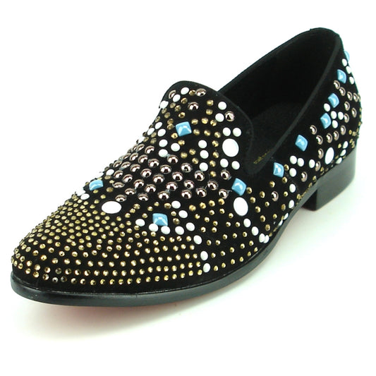 Introducing the FI-7343 by Fiesso, a stylish fashion shoe from the Fiesso by Aurelio Garcia collection. It features a black suede upper, embellished with an assortment of gold, white, and blue multi-color studs.