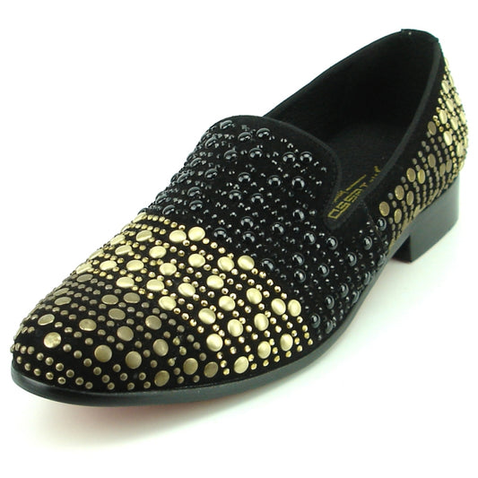 The FI-7344 Black / Black Gold Studs Fiesso by Aurelio Garcia is a sophisticated slip-on fashion shoe from Fiesso, showcasing a stylish design with small gold and black circular studs adorning the suede upper.