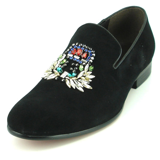 The FI-7355 Black Suede Fiesso by Aurelio Garcia loafers, crafted by Fiesso, feature a sleek suede upper highlighted with vibrant multi-color stone embellishments on the front.