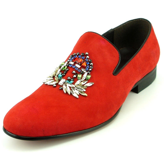 The FI-7355 Red Suede Fiesso by Aurelio Garcia loafer, crafted with a suede upper, showcases a vibrant embroidered emblem on top.