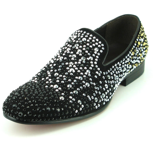 This black slip-on, the FI-7359 by Fiesso, is a fashion shoe masterpiece adorned with dazzling silver and gold stones.