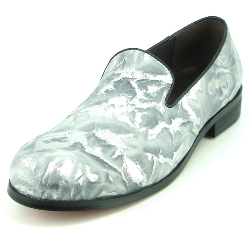 Stylish FI-7367 Grey Slip-on shoe by Fiesso, boasting a textured abstract pattern and a robust black sole. The cushioned insole ensures comfort with each step, making it an ideal choice for both fashion and comfort.