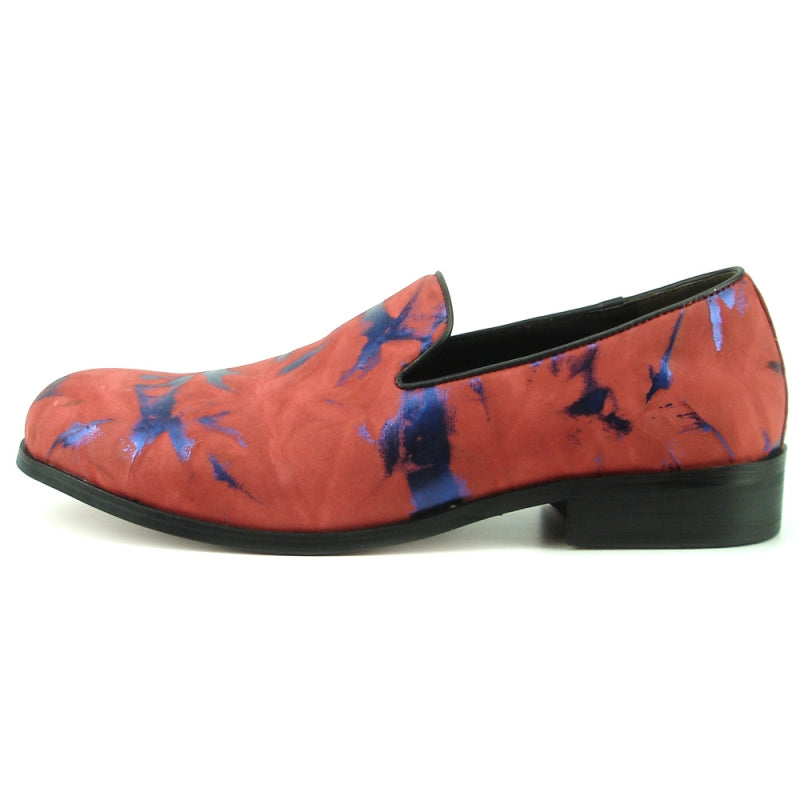 The FI-7367 Red Slip on Fiesso by Aurelio Garcia fashion shoe, with a leather upper in red adorned with blue abstract patterns and a black sole, is shown from a rear angle.